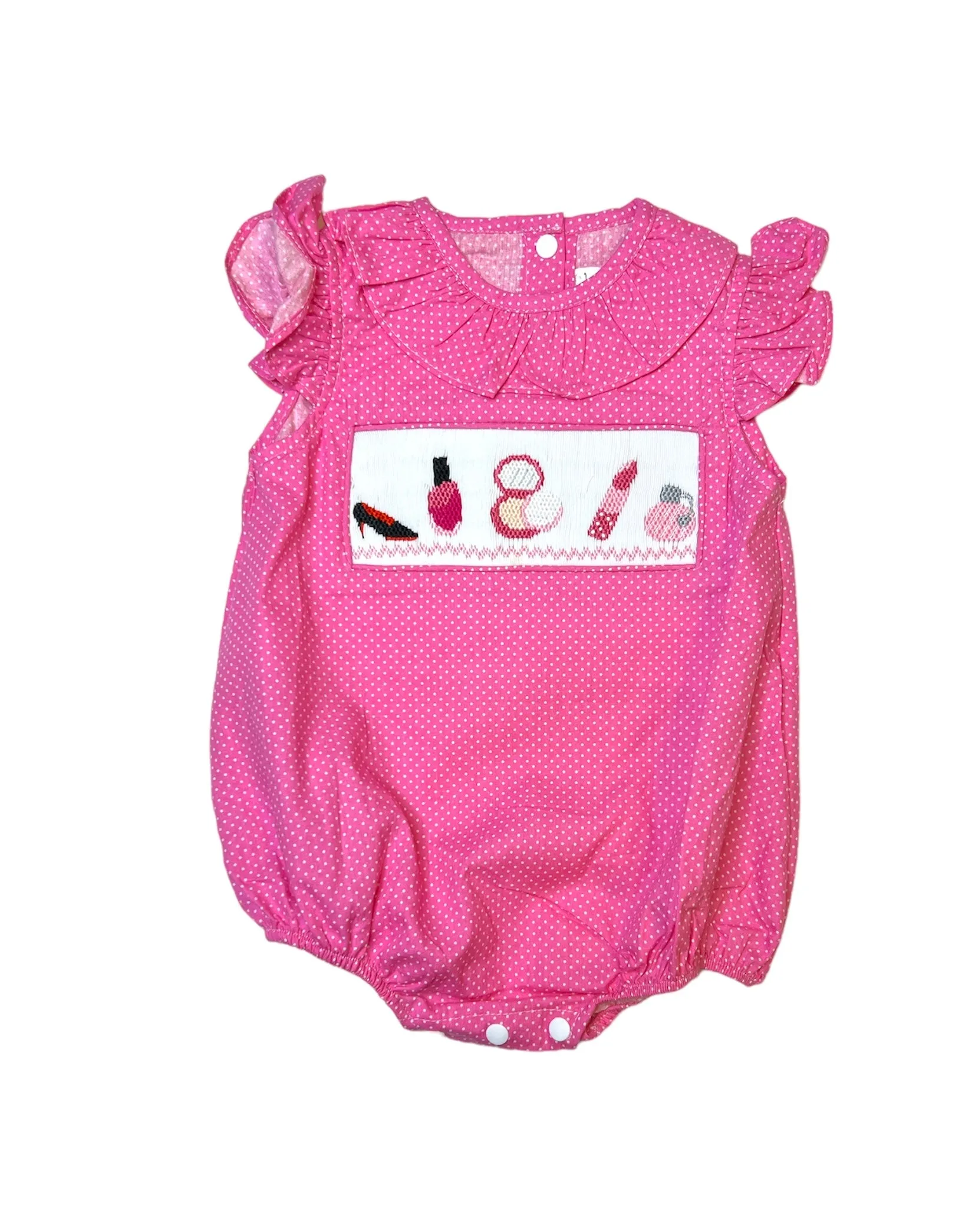 Pink polka dots make up theme smocked girl bubble.
