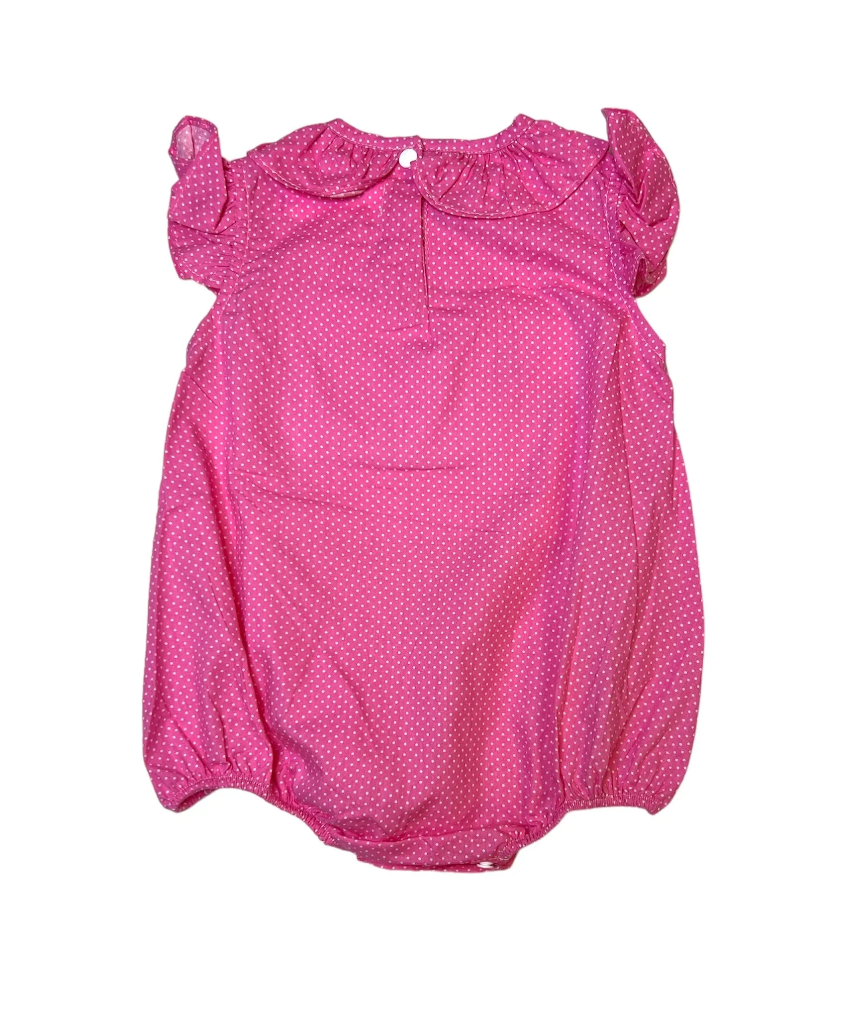 Pink polka dots make up theme smocked girl bubble.