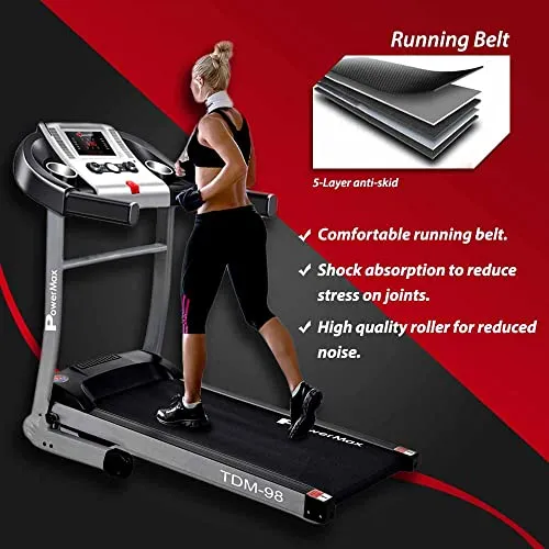 PowerMax Fitness TDM-98 (4.0HP Peak) Motorized Treadmill With USB Connection, Home Use & Heart Rate Sensors - Black