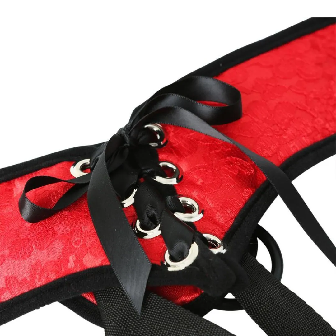 Red Lace Corsette Strap-on Harness- Up to 60" Hips