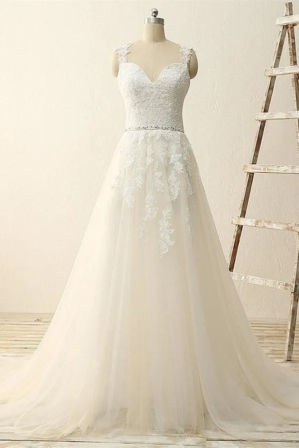 Roycebridal Beautiful A Line Ivory Lace Modest Handmade V-Neck Wedding Dresses with Appliques, MW110