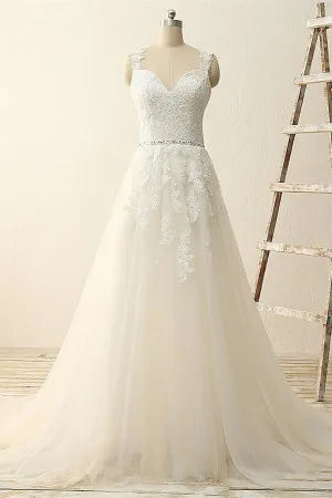Roycebridal Beautiful A Line Ivory Lace Modest Handmade V-Neck Wedding Dresses with Appliques, MW110