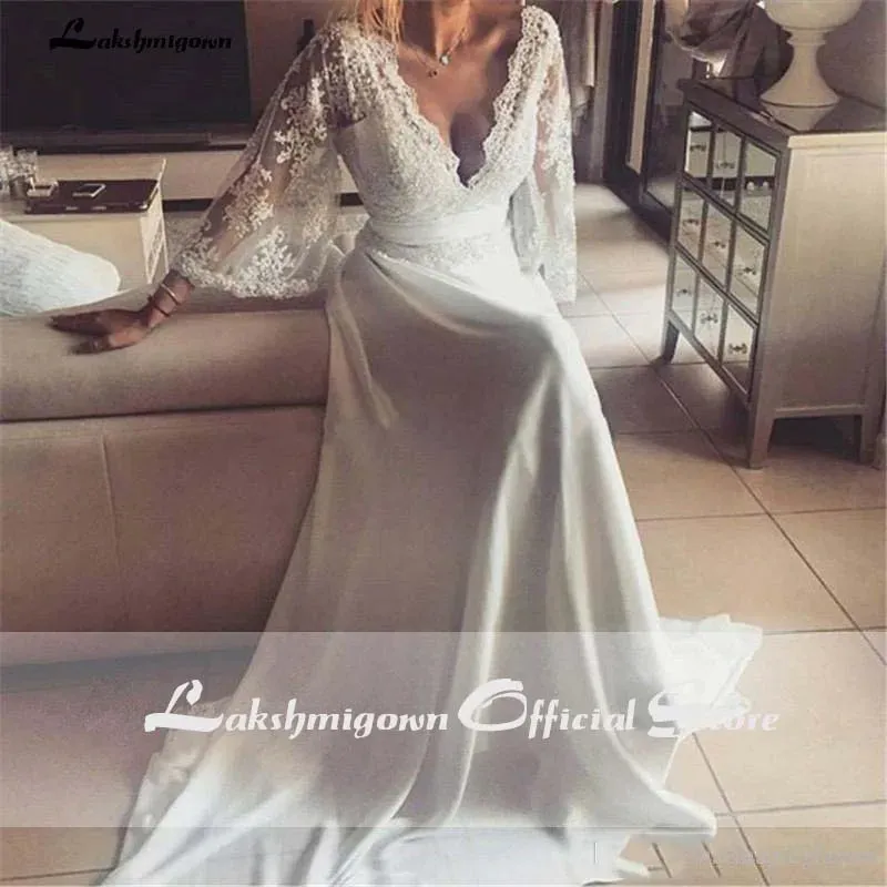 Roycebridal Bohemian Wedding Dresses Illusion Lace Bridal Gown Backless Long Sleeve Deep V Neck Boho Chiffon Plus Size Beach Bridal Dress