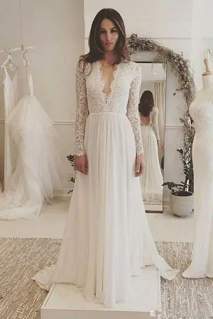 Roycebridal Charming Affordable Chiffon Long Sleeve V Neck Formal Long Wedding Dresses, MW116