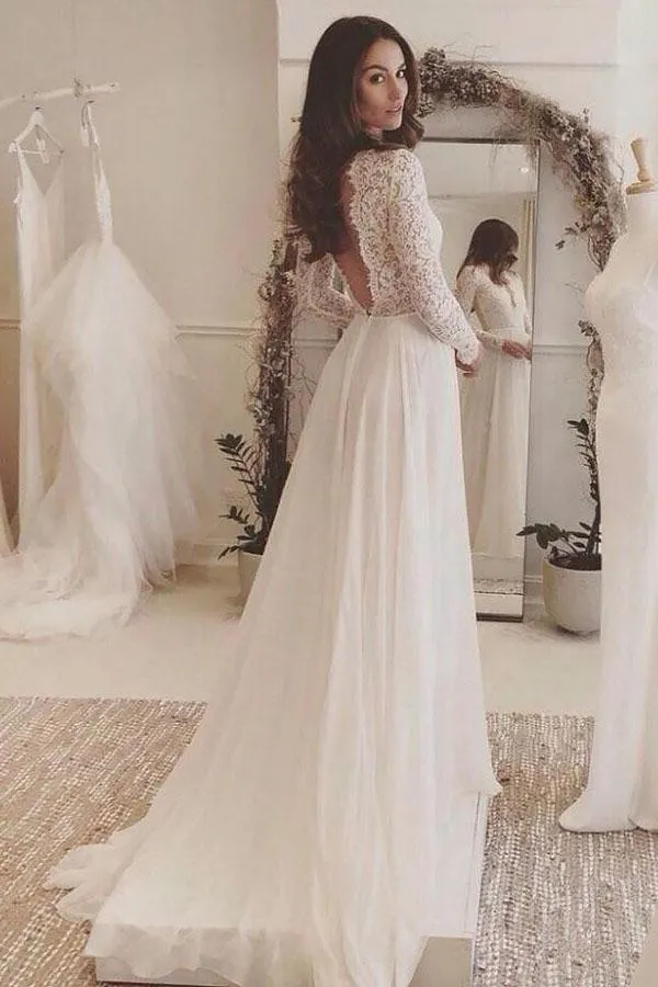 Roycebridal Charming Affordable Chiffon Long Sleeve V Neck Formal Long Wedding Dresses, MW116