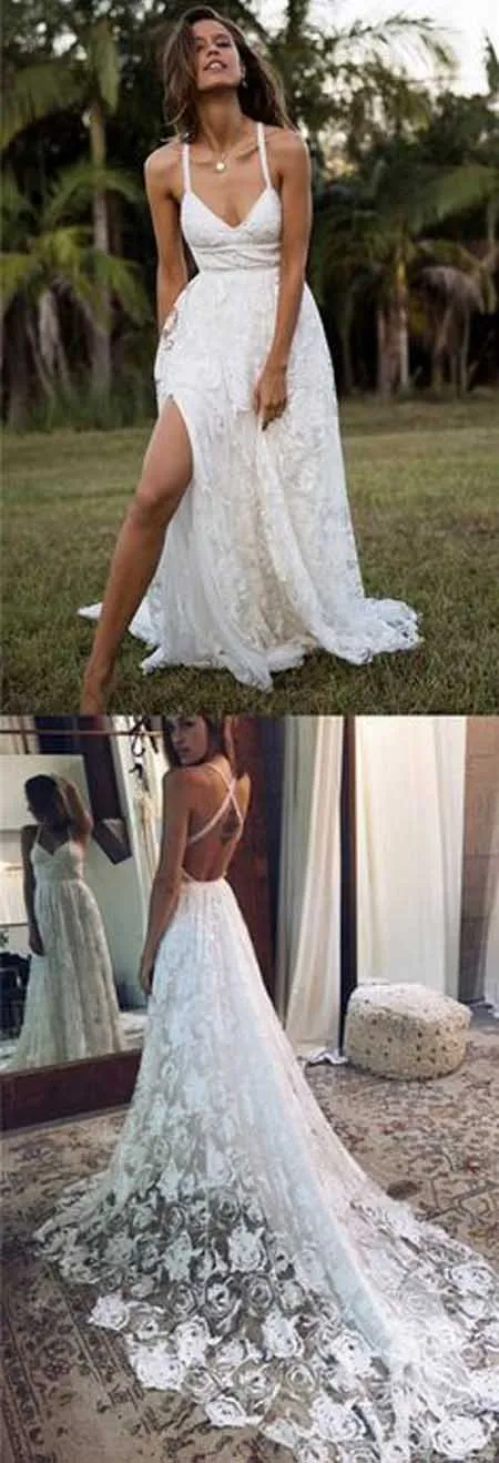 Roycebridal Charming Fashion A-line Lace Spaghetti Straps Long Wedding Dresses, Bridal Gown, MW114