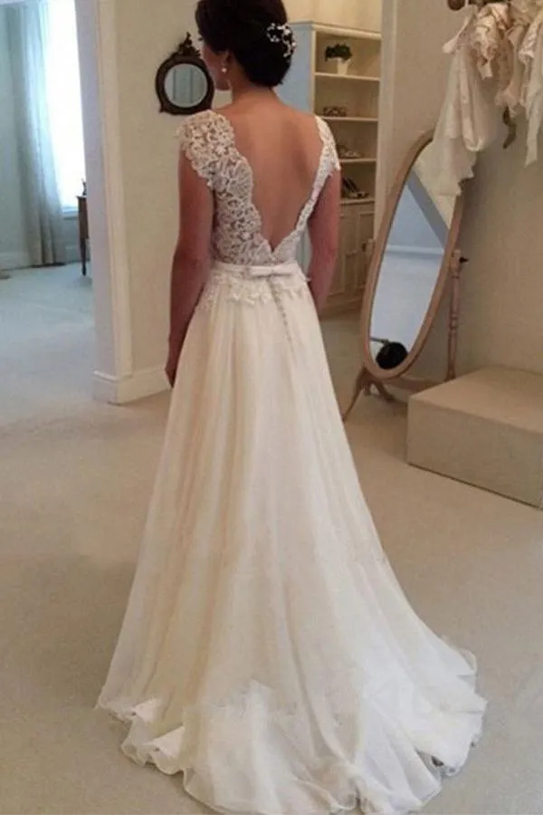 Roycebridal Cheap A-line Lace Top Backless Bridal Dresses Long Beach Wedding Dress, MW104