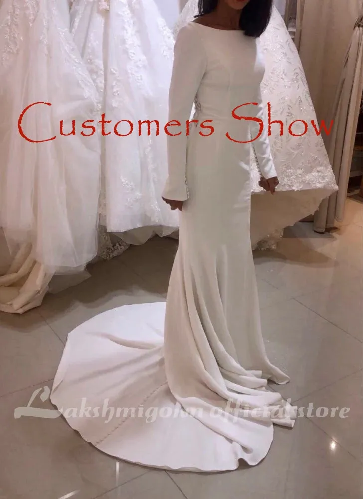 Roycebridal Elegant White Stain Mermaid Wedding Dresses Long Sleeves Bridal Gown Vestido De Noiva Sweep/ Brush Train Wedding Gown