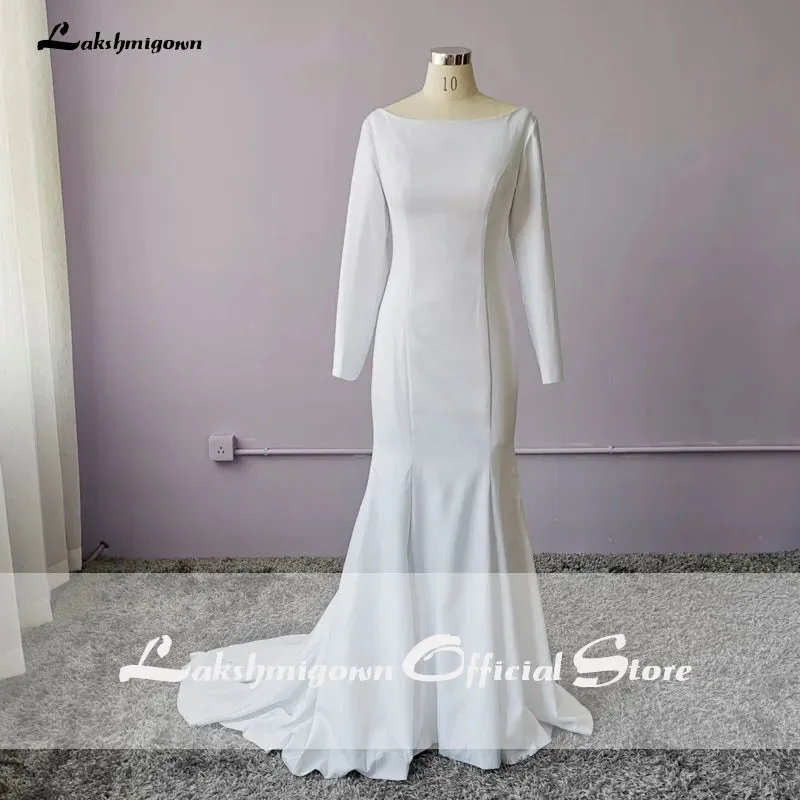 Roycebridal Elegant White Stain Mermaid Wedding Dresses Long Sleeves Bridal Gown Vestido De Noiva Sweep/ Brush Train Wedding Gown