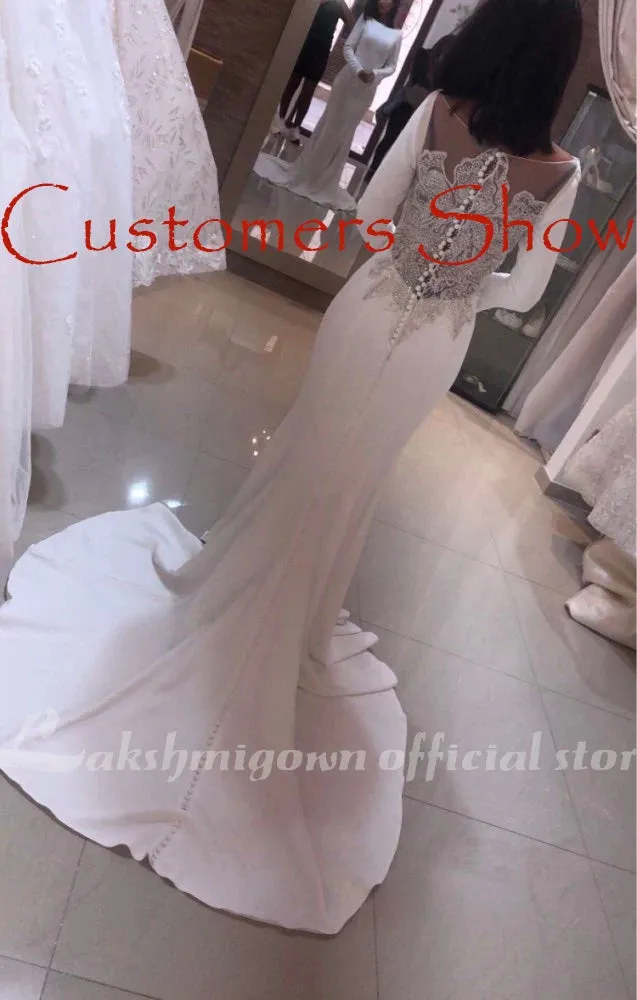 Roycebridal Elegant White Stain Mermaid Wedding Dresses Long Sleeves Bridal Gown Vestido De Noiva Sweep/ Brush Train Wedding Gown