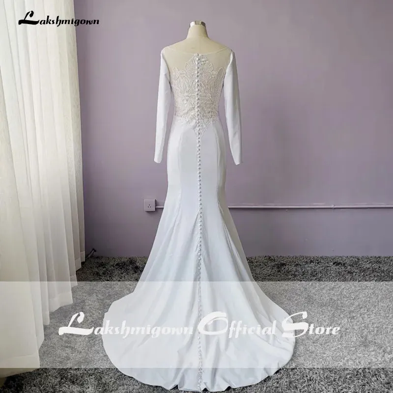 Roycebridal Elegant White Stain Mermaid Wedding Dresses Long Sleeves Bridal Gown Vestido De Noiva Sweep/ Brush Train Wedding Gown