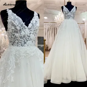Roycebridal Floral Lace V Neck Glitter A Line Wedding Dress Lace Appliques 2025 Luxury Bridal Boho Beach Wedding Gowns Backless