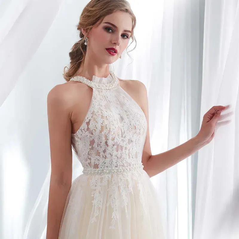 Roycebridal Hater Neck Beach Bridal Dress Vestido De Noiva Light Perals Sleeveless Simple Tulle Wedding Dress