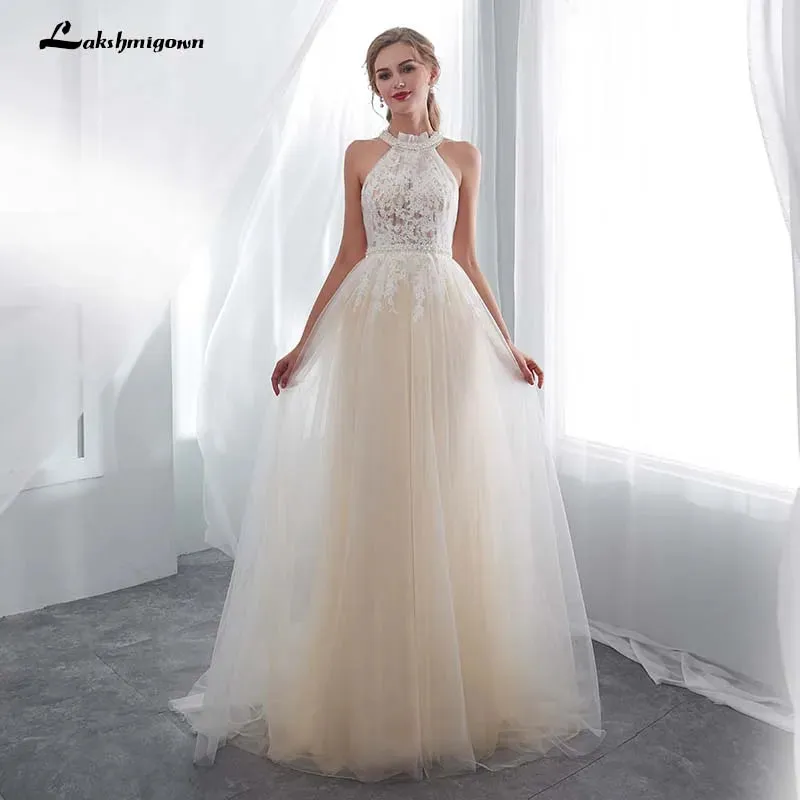 Roycebridal Hater Neck Beach Bridal Dress Vestido De Noiva Light Perals Sleeveless Simple Tulle Wedding Dress