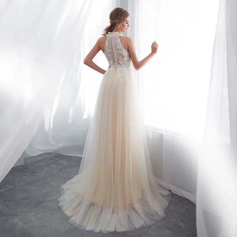 Roycebridal Hater Neck Beach Bridal Dress Vestido De Noiva Light Perals Sleeveless Simple Tulle Wedding Dress