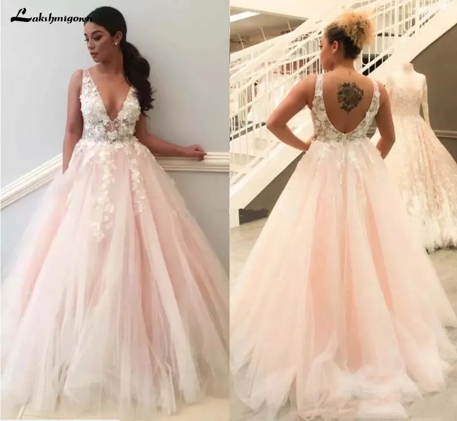 Roycebridal Light Pink Wedding Dresses V Neck 3D Flowers Lace Appliques Pink Brida Dress Formal Pary Gowns Robe De Soiree