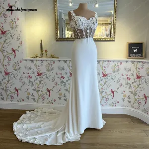 Roycebridal Mermaid Wedding Dress  Elegant Vestido De Novia Satin Flowers Lace Bride Dresses Sheer Buttons Back