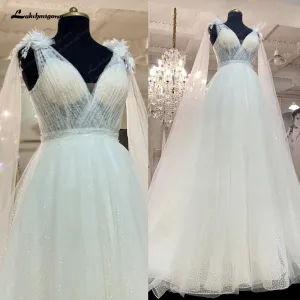 Roycebridal Plunging V Neck Boho Glitter Wedding Dress 2025 with Cape Vestito Donna Sexy Bridal Beach Wedding Gowns Backless