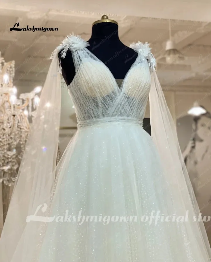 Roycebridal Plunging V Neck Boho Glitter Wedding Dress 2025 with Cape Vestito Donna Sexy Bridal Beach Wedding Gowns Backless