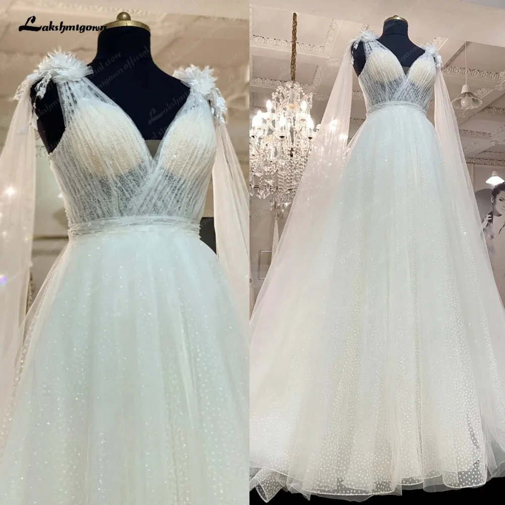 Roycebridal Plunging V Neck Boho Glitter Wedding Dress 2025 with Cape Vestito Donna Sexy Bridal Beach Wedding Gowns Backless