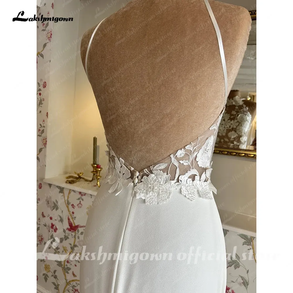 Roycebridal Roycebridal Applique Halter Wedding Dress Sleeveless Strapless Leg Split Open Back Bride Gown Vestidos De Novia Custom Made