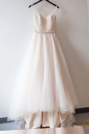 Roycebridal Roycebridal Blush Pink Tulle Ball Gown Lace Prom Dresses, Sweetheart Wedding Dress, MW111