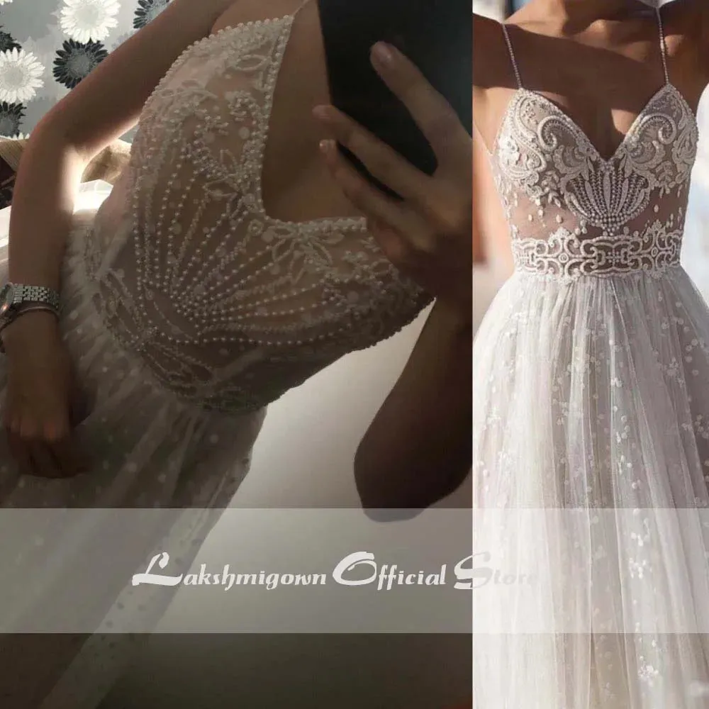 Roycebridal Sexy Illusion Travel Wedding Dress Beach Wedding Gown with Pearls Beading Tulle Sweep Train Arab robe de mariee