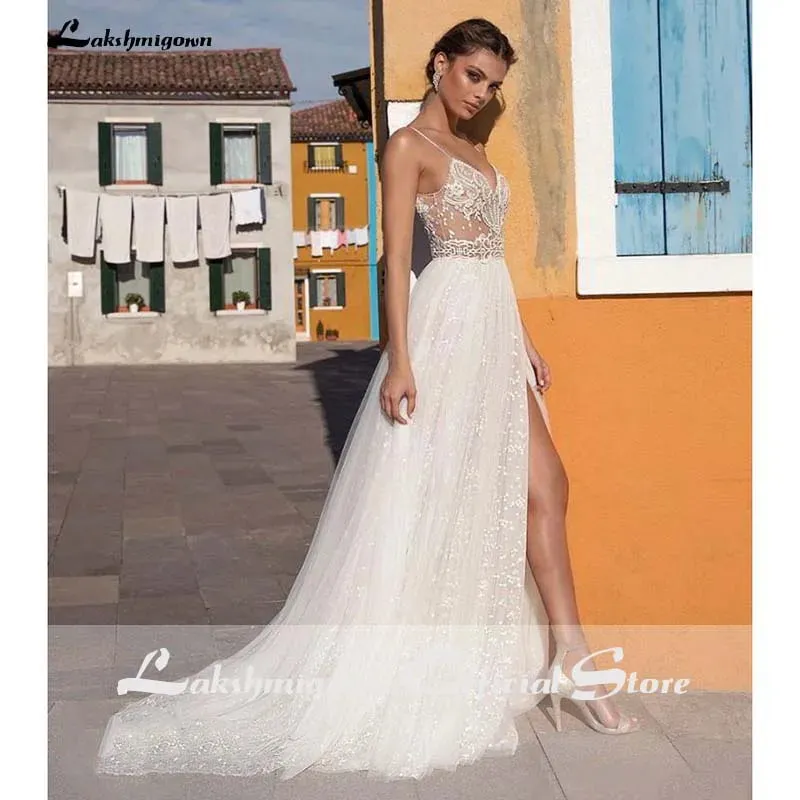 Roycebridal Sexy Illusion Travel Wedding Dress Beach Wedding Gown with Pearls Beading Tulle Sweep Train Arab robe de mariee