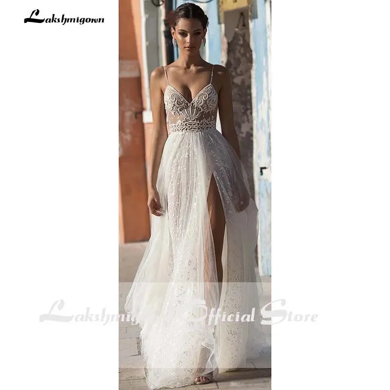 Roycebridal Sexy Illusion Travel Wedding Dress Beach Wedding Gown with Pearls Beading Tulle Sweep Train Arab robe de mariee