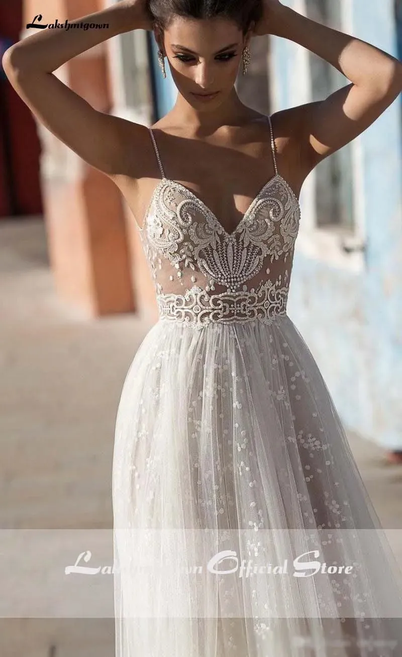 Roycebridal Sexy Illusion Travel Wedding Dress Beach Wedding Gown with Pearls Beading Tulle Sweep Train Arab robe de mariee