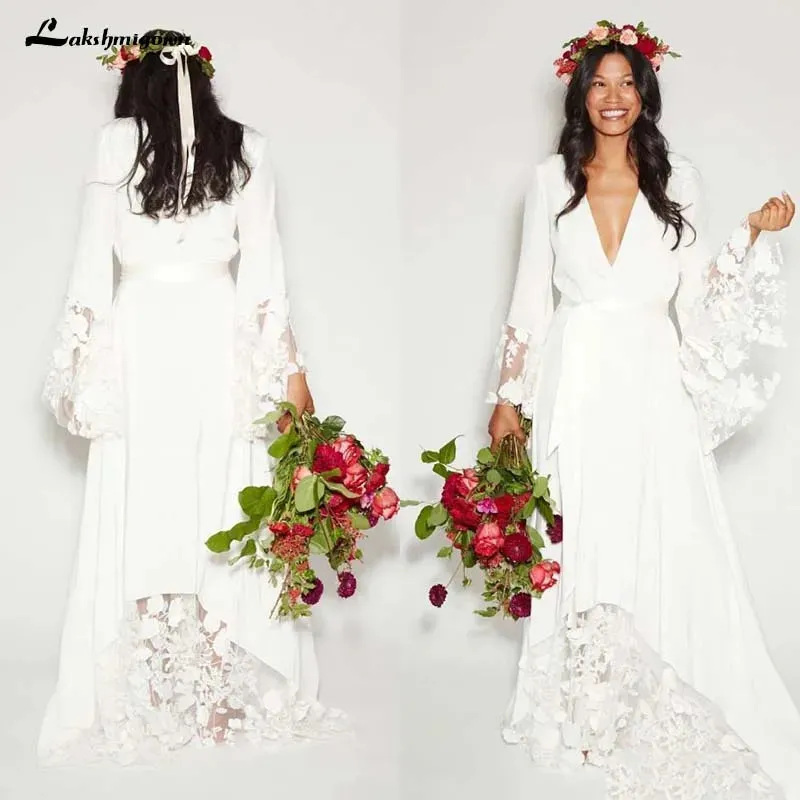 Roycebridal Simple Bohemian Long Sleeves Deep V Neck Hippie Beach Wedding Gown Plus Size Wedding Dresses