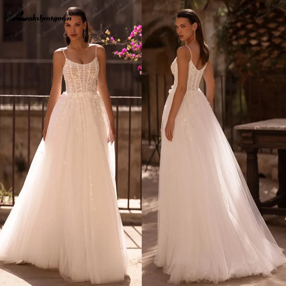 Roycebridal Soft Tulle Lace Boho Wedding Dress for Women  Spaghetti Straps Backless Bridal Gown robe boheme femme