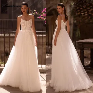 Roycebridal Soft Tulle Lace Boho Wedding Dress for Women  Spaghetti Straps Backless Bridal Gown robe boheme femme
