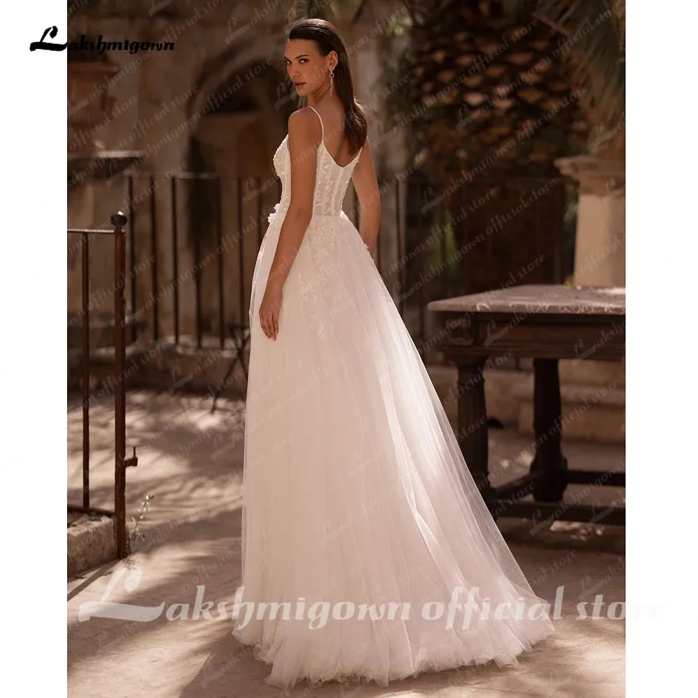 Roycebridal Soft Tulle Lace Boho Wedding Dress for Women  Spaghetti Straps Backless Bridal Gown robe boheme femme