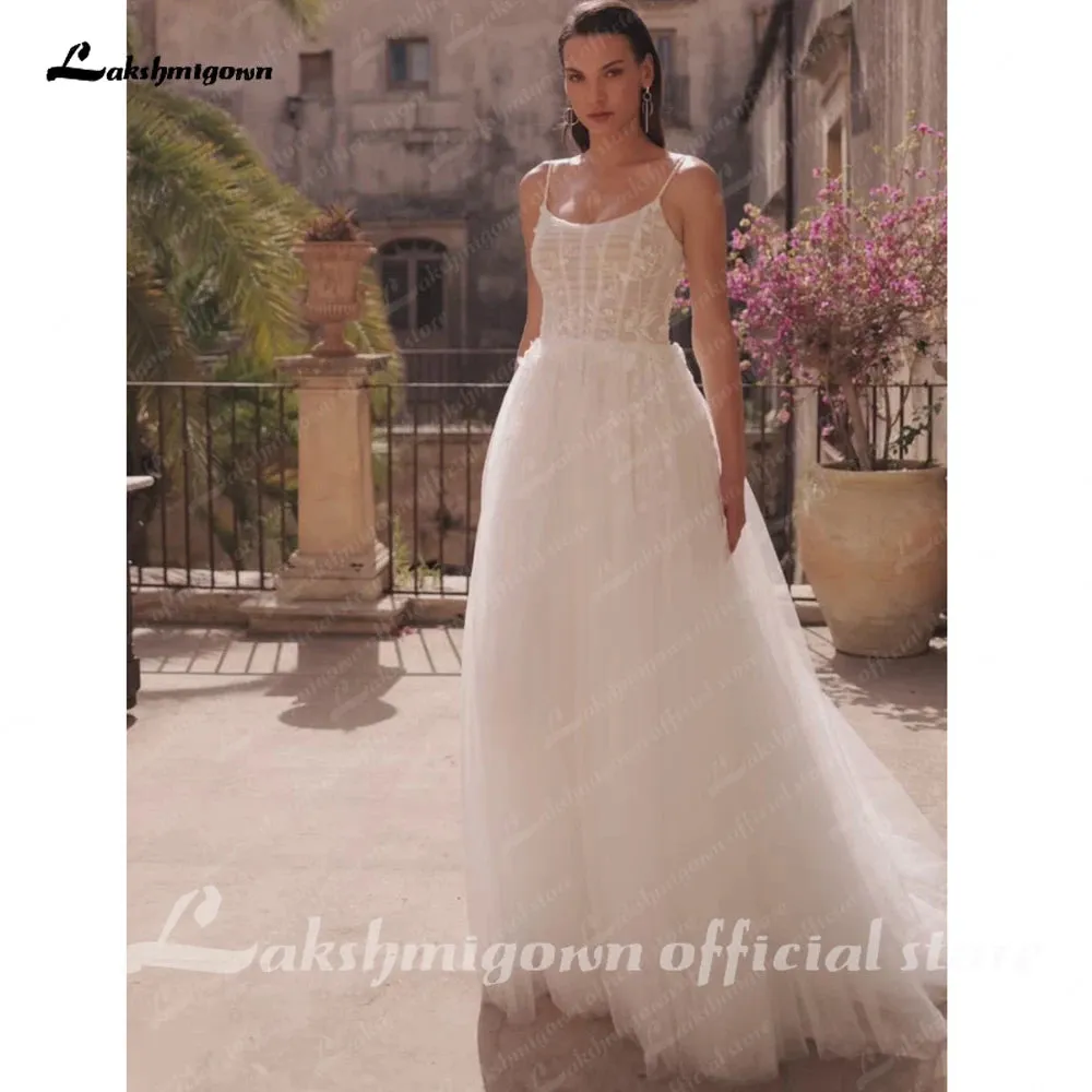 Roycebridal Soft Tulle Lace Boho Wedding Dress for Women  Spaghetti Straps Backless Bridal Gown robe boheme femme