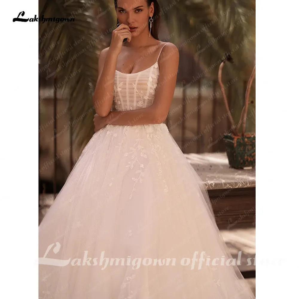 Roycebridal Soft Tulle Lace Boho Wedding Dress for Women  Spaghetti Straps Backless Bridal Gown robe boheme femme
