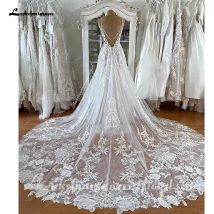 Roycebridal Spaghetti Straps Lace Wedding Dress Sexy Bridal Robe 2025 Plunging V Neck Tulle Boho Wedding Gown Abiti Sposa