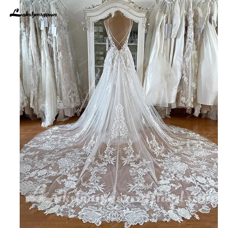 Roycebridal Spaghetti Straps Lace Wedding Dress Sexy Bridal Robe 2025 Plunging V Neck Tulle Boho Wedding Gown Abiti Sposa