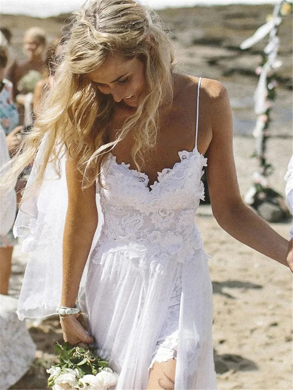 Roycebridal Spaghetti Straps White Chiffon Front Slit Beach Wedding Dress with Lace Elegant Open Back Bridal Dress lakshmigown