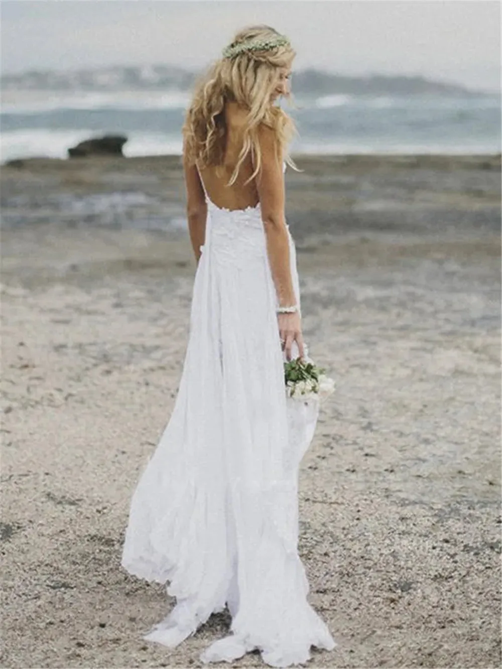 Roycebridal Spaghetti Straps White Chiffon Front Slit Beach Wedding Dress with Lace Elegant Open Back Bridal Dress lakshmigown