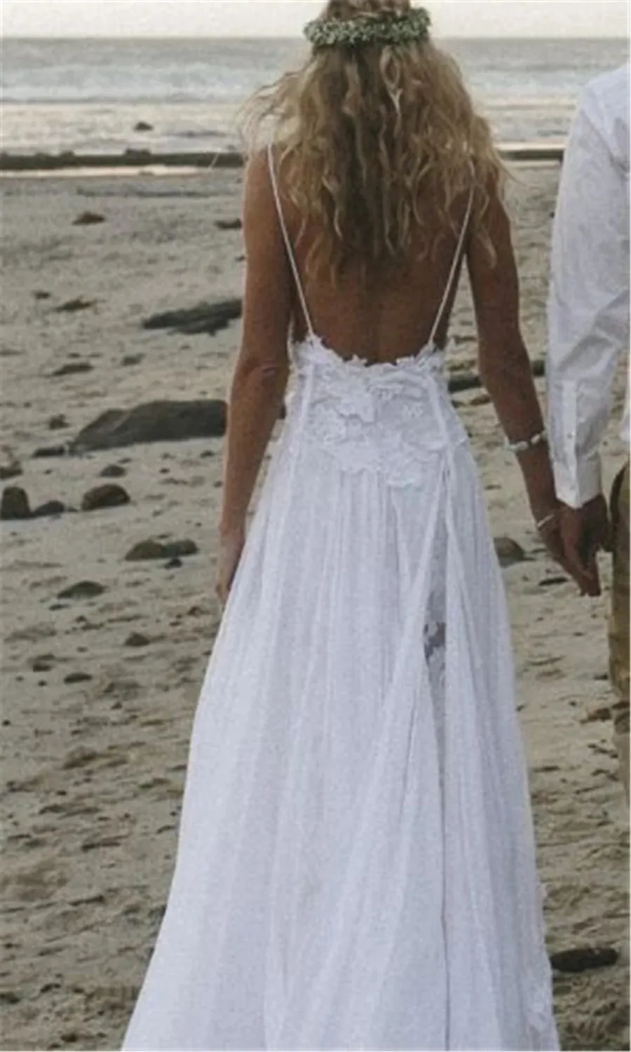 Roycebridal Spaghetti Straps White Chiffon Front Slit Beach Wedding Dress with Lace Elegant Open Back Bridal Dress lakshmigown