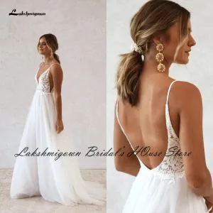 Roycebridal Vestido Boho Bridal Wedding Dress Summer Beach  Backless Sexy Mariage Tulle Receipt Party Gowns Lace Spaghetti Straps