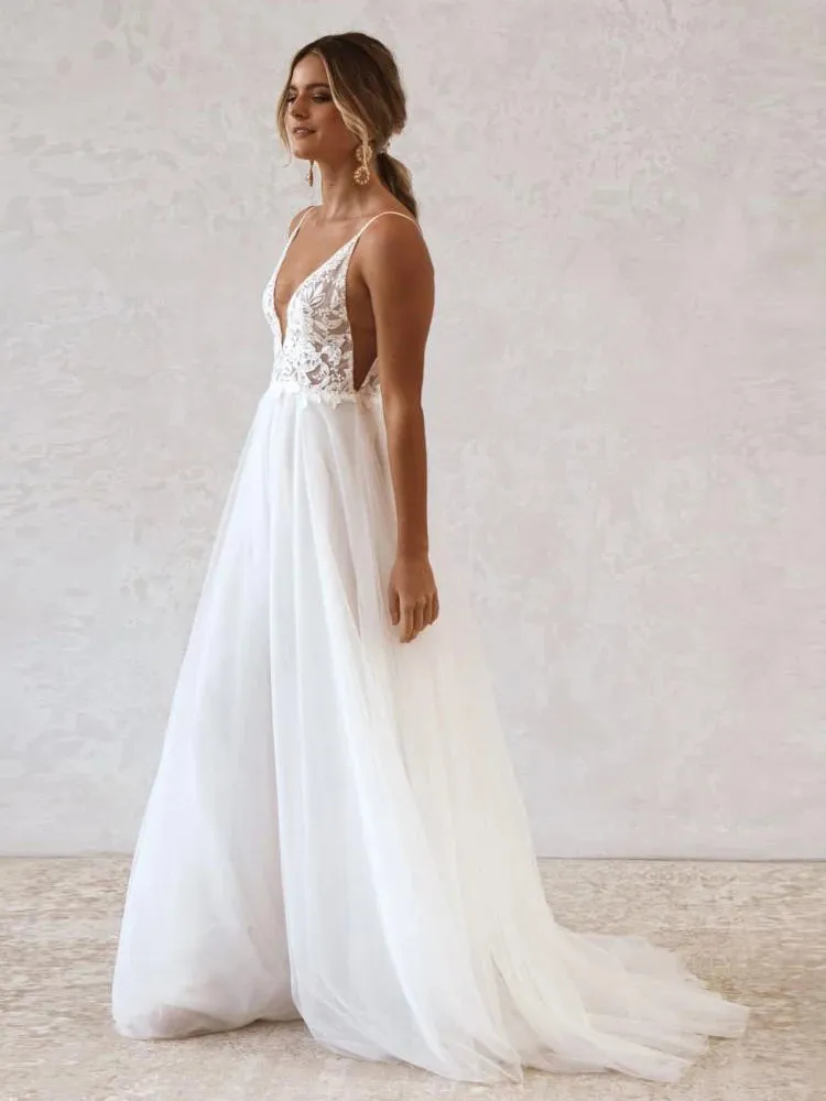 Roycebridal Vestido Boho Bridal Wedding Dress Summer Beach  Backless Sexy Mariage Tulle Receipt Party Gowns Lace Spaghetti Straps