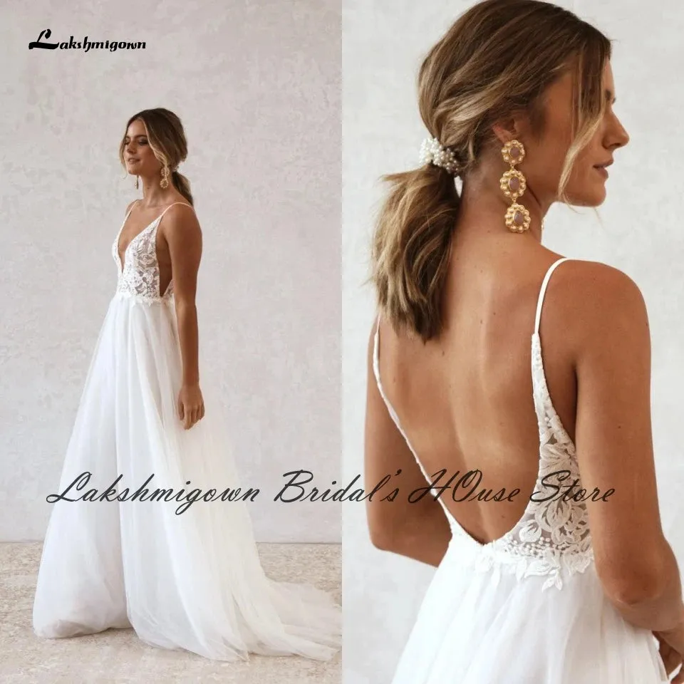 Roycebridal Vestido Boho Bridal Wedding Dress Summer Beach  Backless Sexy Mariage Tulle Receipt Party Gowns Lace Spaghetti Straps