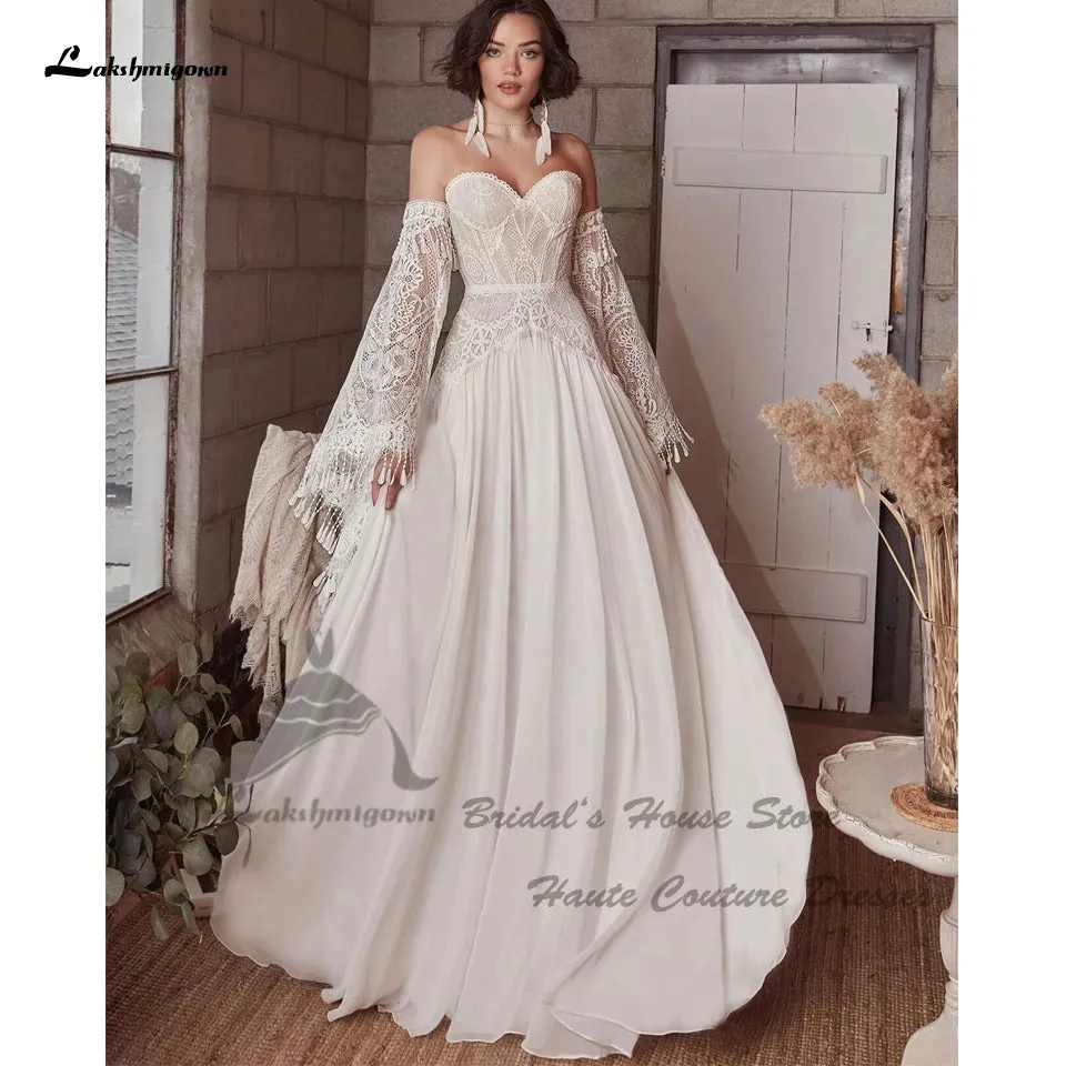 Roycebridal Vintage Lace Boho Wedding Dress Detachable Long Sleeve 2025 Robe Longue Chic Bridal Gowns Off the Shoulder