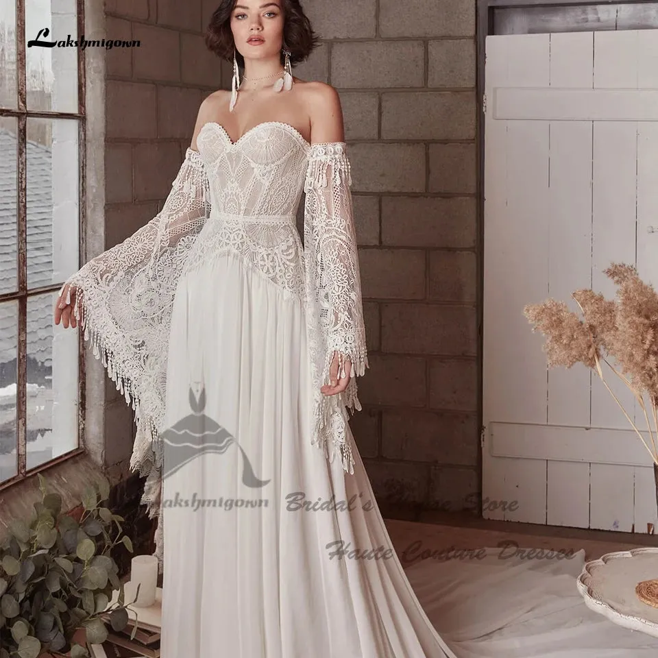 Roycebridal Vintage Lace Boho Wedding Dress Detachable Long Sleeve 2025 Robe Longue Chic Bridal Gowns Off the Shoulder