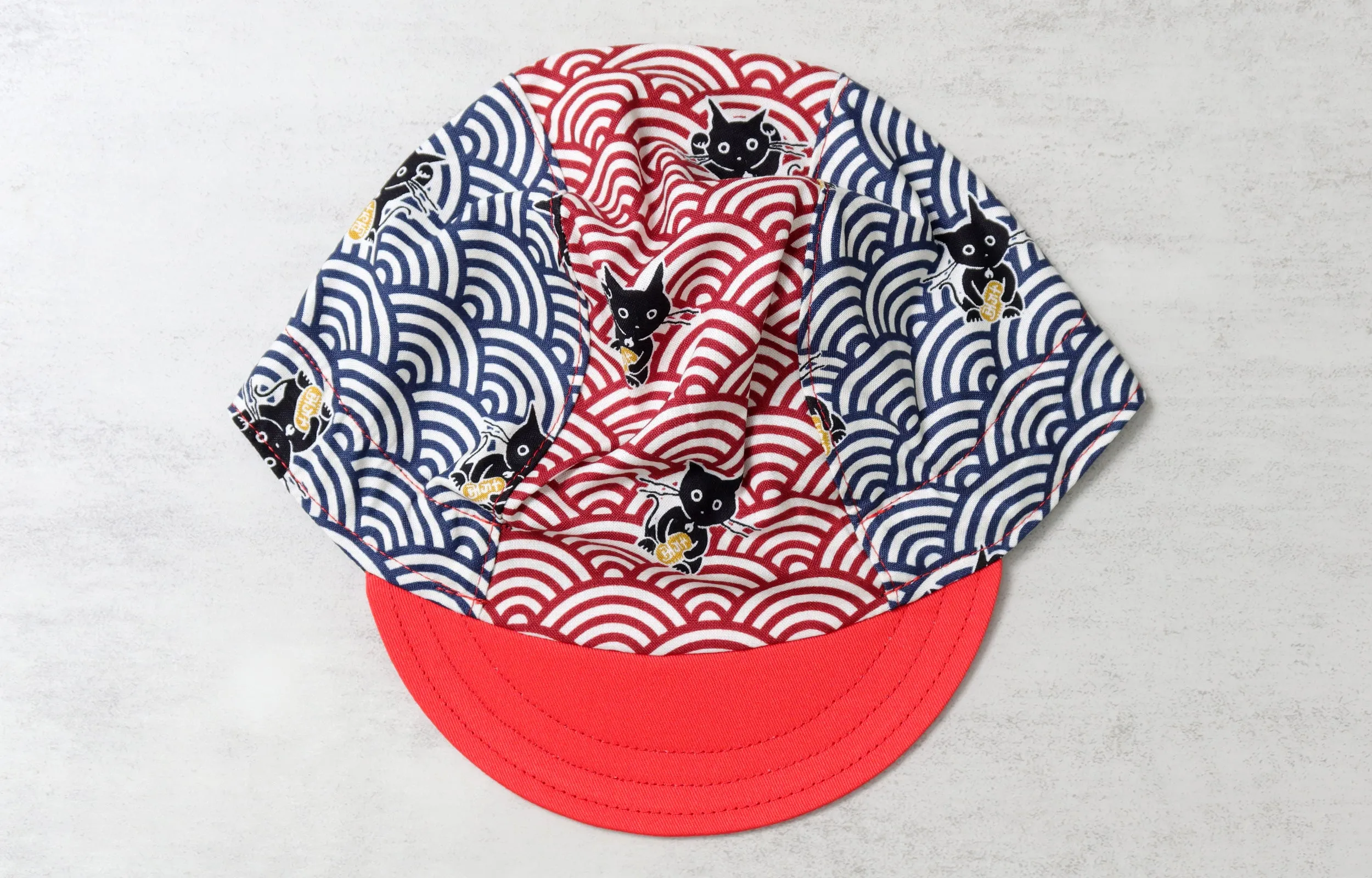 Sashiko Cats Red Blue Cycling Cap