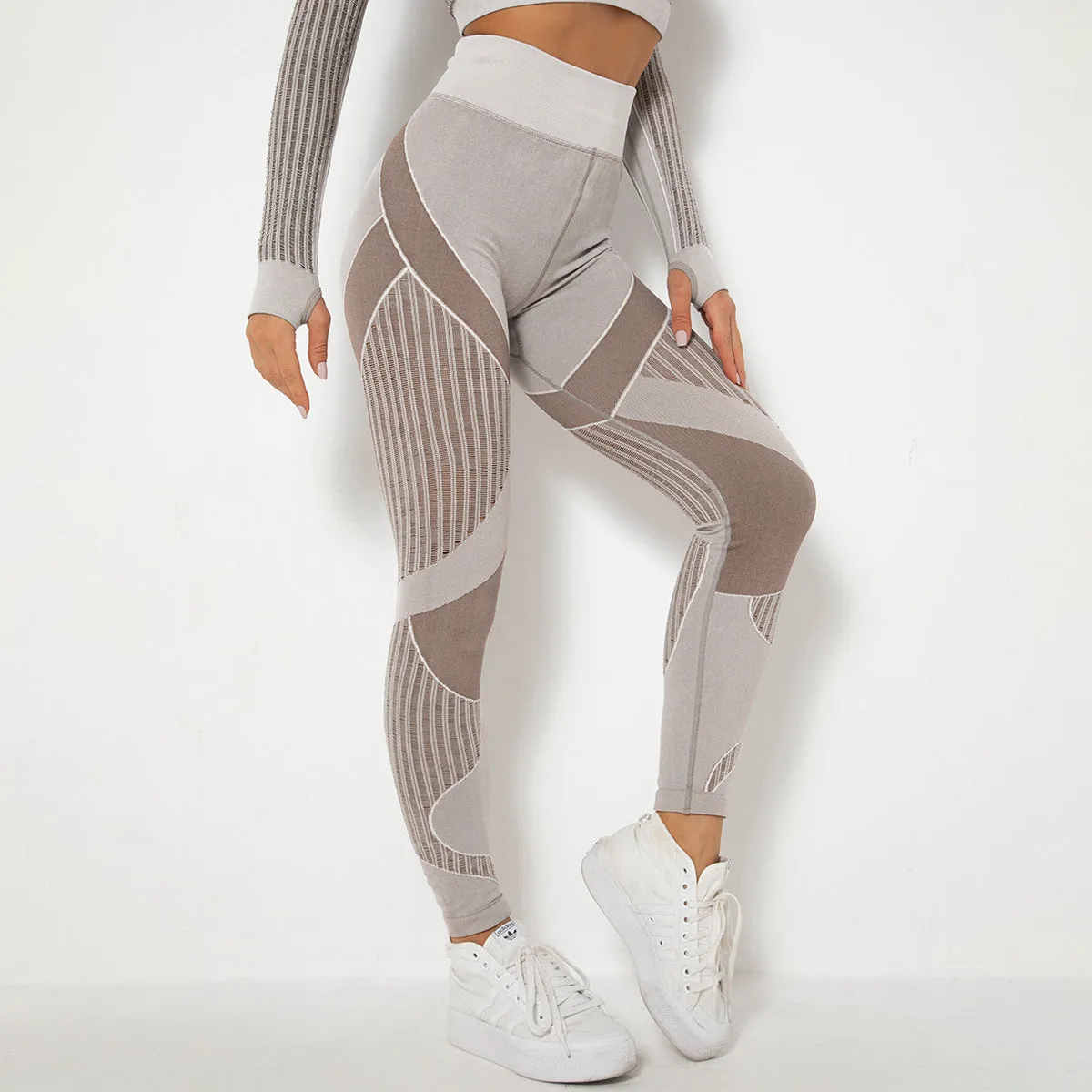 Seamless Mesh Knit Yoga Leggings High-Waist Hip-Lifting Sports Fitness Pants trendy