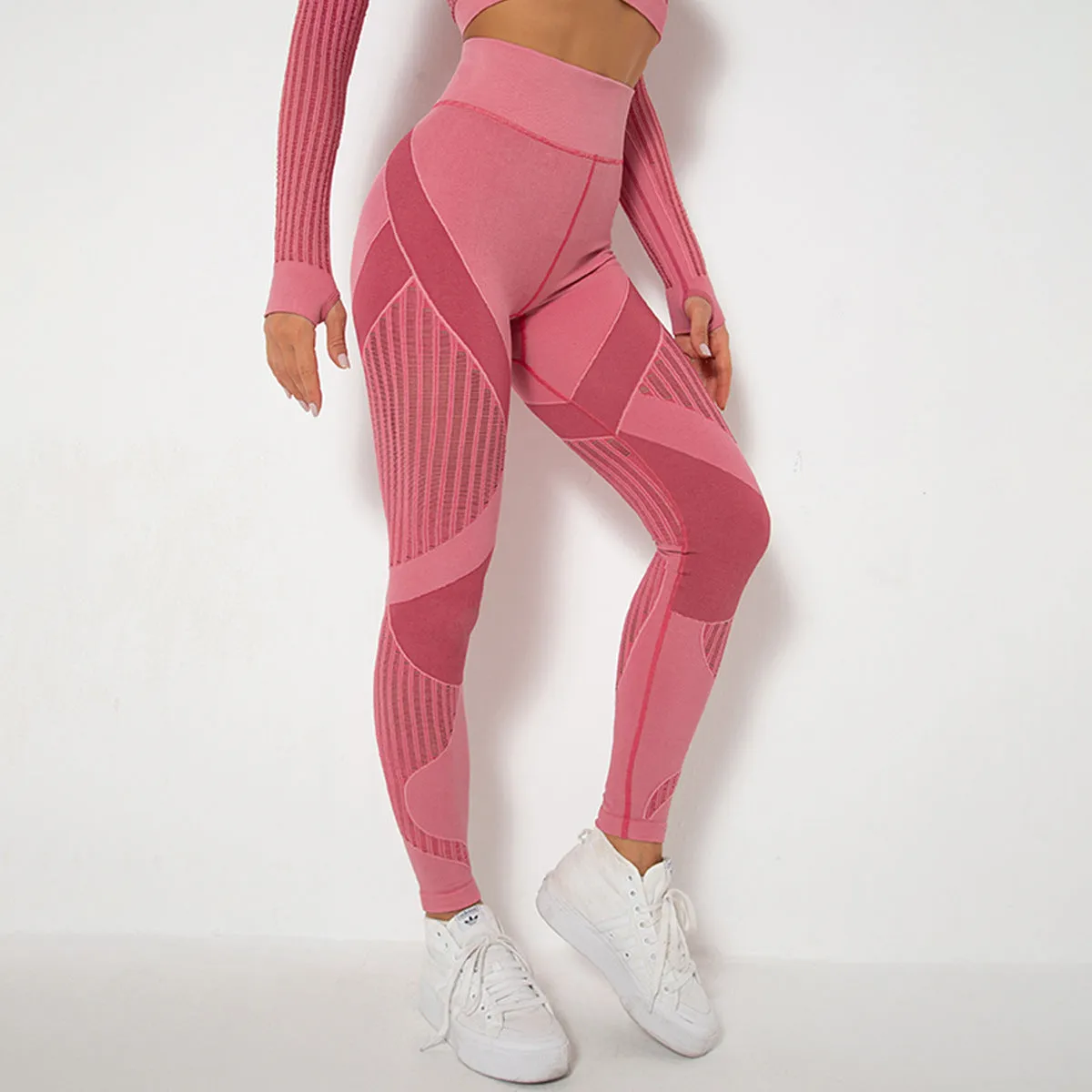 Seamless Mesh Knit Yoga Leggings High-Waist Hip-Lifting Sports Fitness Pants trendy