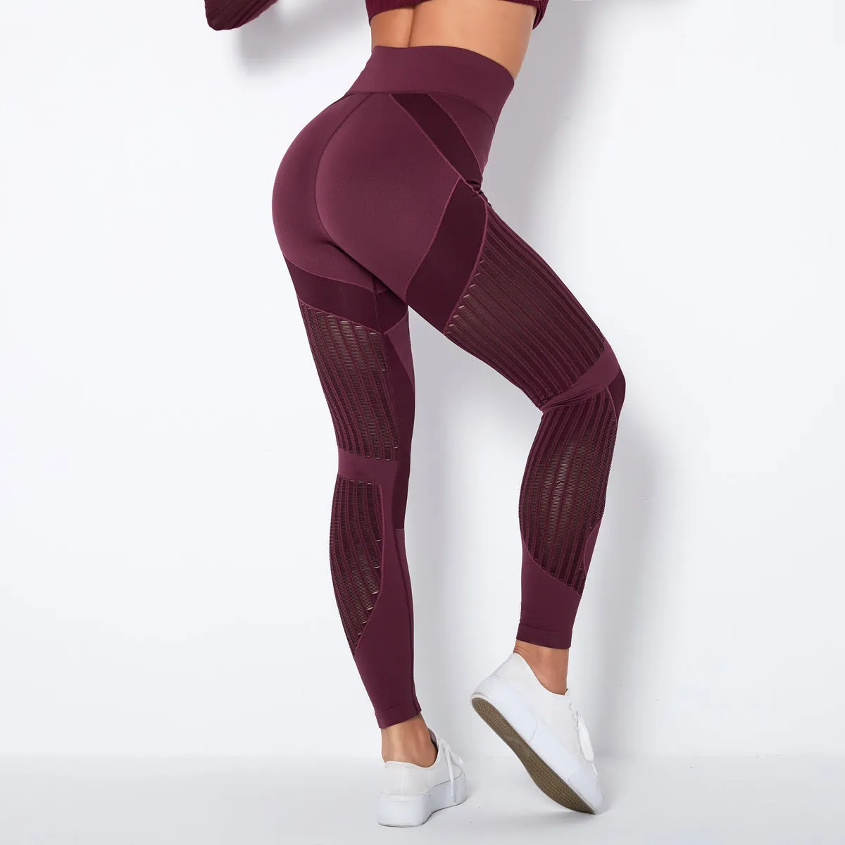 Seamless Mesh Knit Yoga Leggings High-Waist Hip-Lifting Sports Fitness Pants trendy